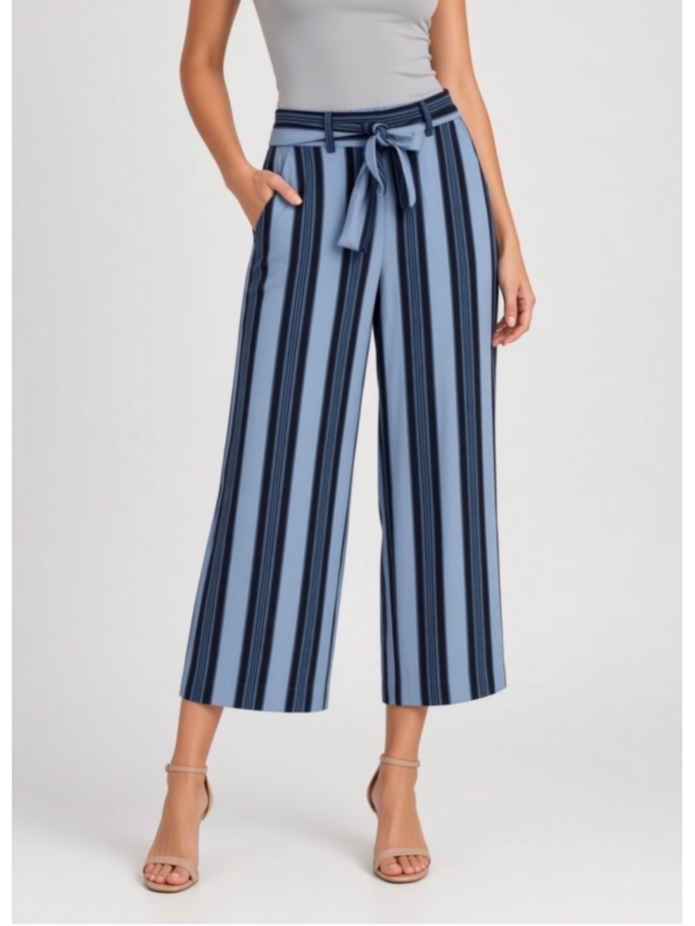 LOFT Petites Blue Striped Tie Waist Wide Leg Crop Pants Trousers Size 00P